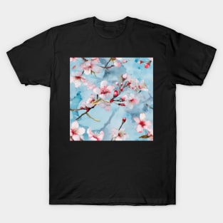 Cherry Blossoms on Blue Background T-Shirt